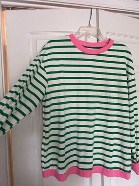 Green and White Striped Long Sleeve Top with Pink Trim. NWOT